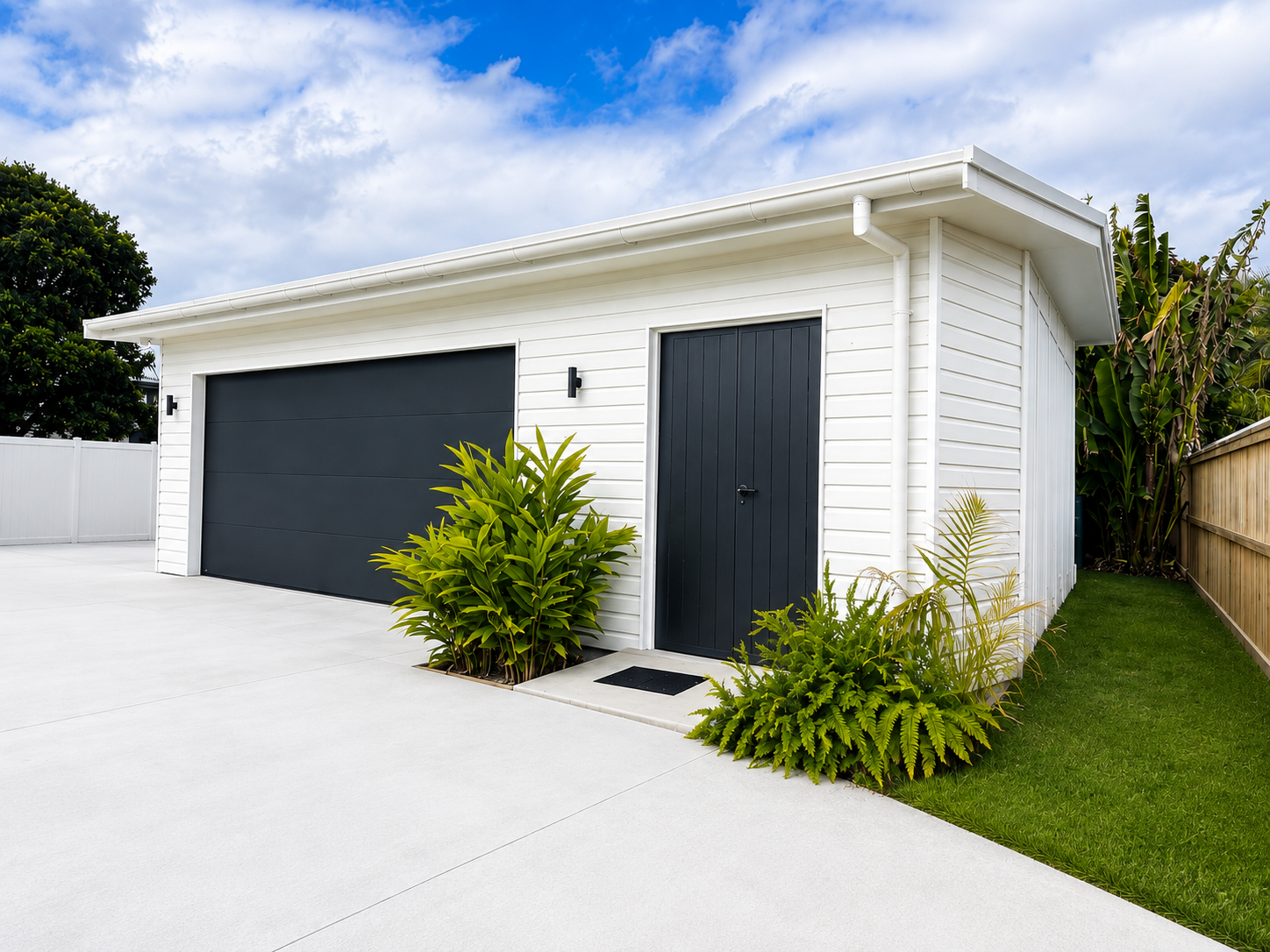 Garage and studio extension with dark double doors and tropical planting, Northern Rivers NSW
