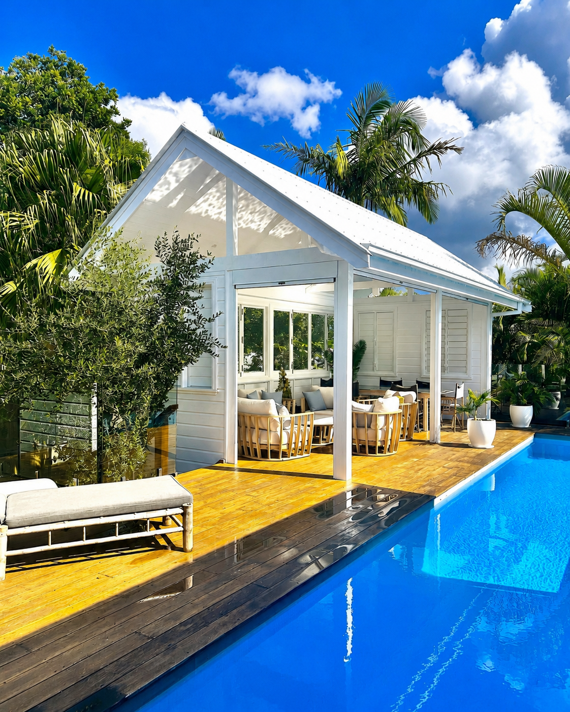 Byron Bay residential build — white coastal cabana with gable roof opening onto a pool and tropical garden